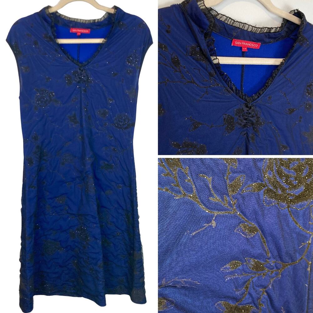 VTG Y2K Royal Blue Mesh Floral Glitter Whimsigoth Ruched Dress L Gothic Vamp